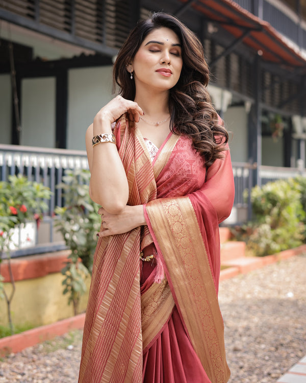 Elegant Maroon Plain Chiffon Saree with Gold Zari Border, Designer Printed Blouse & Tassel Detailing CHIFFON