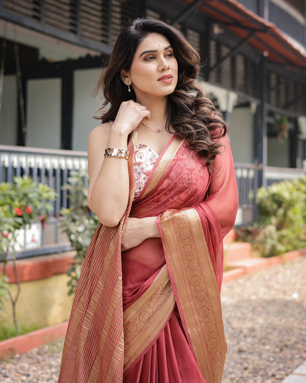 Elegant Maroon Plain Chiffon Saree with Gold Zari Border, Designer Printed Blouse & Tassel Detailing CHIFFON
