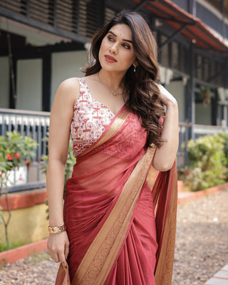 Elegant Maroon Plain Chiffon Saree with Gold Zari Border, Designer Printed Blouse & Tassel Detailing CHIFFON