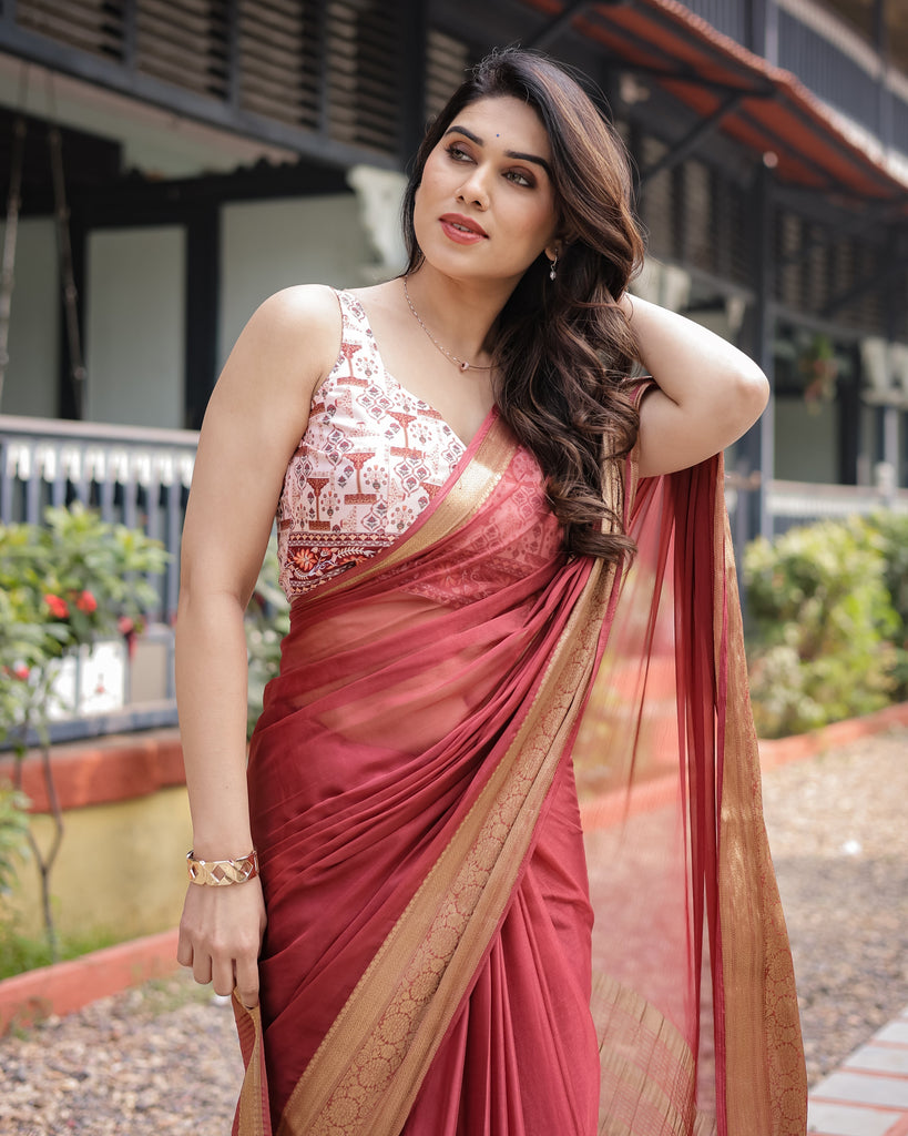 Elegant Maroon Plain Chiffon Saree with Gold Zari Border, Designer Printed Blouse & Tassel Detailing CHIFFON