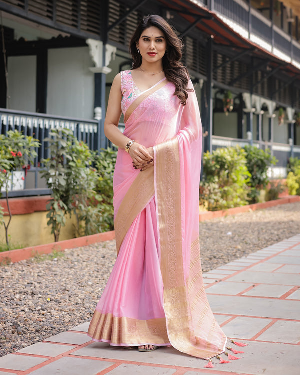 Soft Baby Pink Plain Chiffon Saree with Gold Zari Border, Geometric Embroidered Blouse & Tassel Detailing CHIFFON