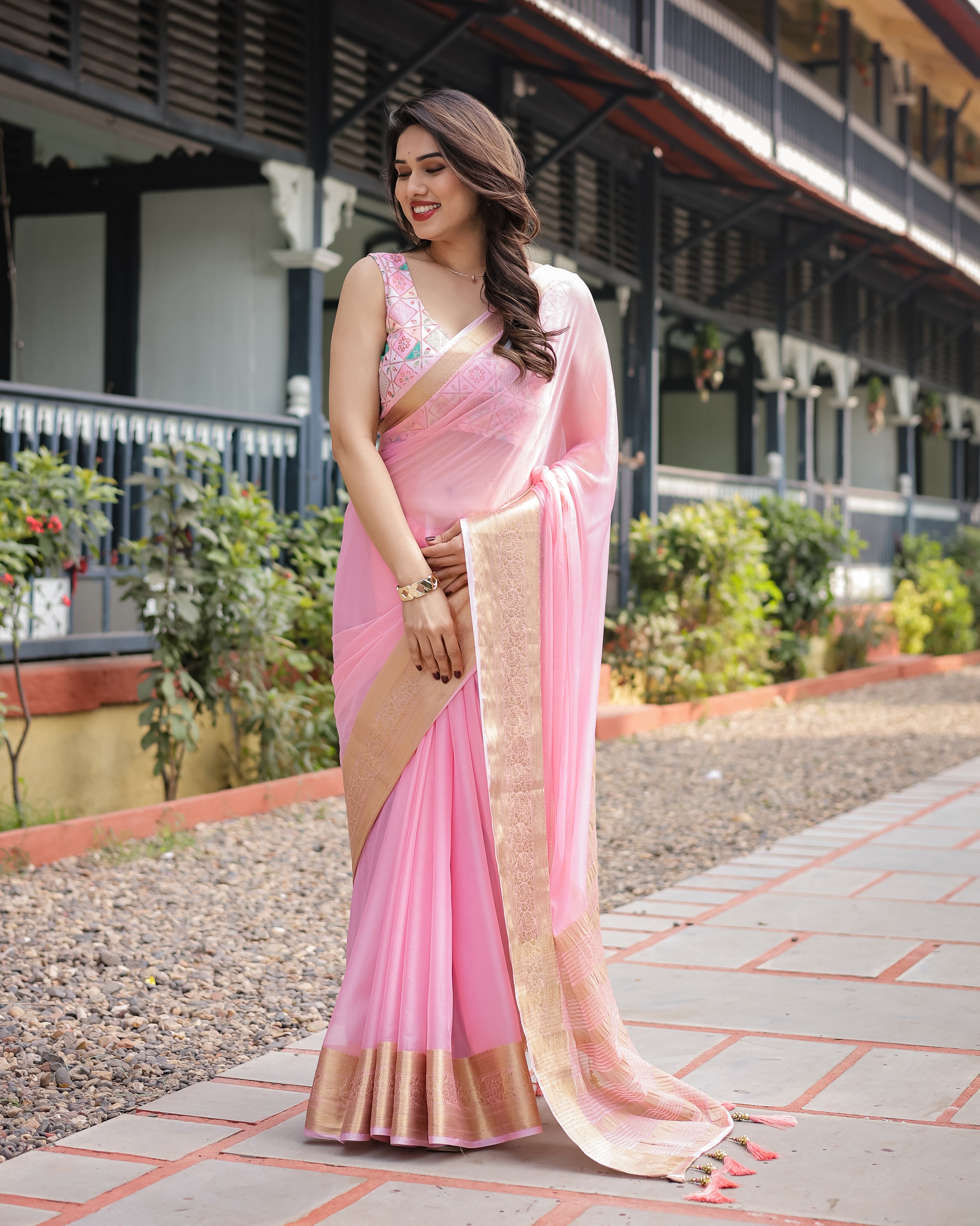 Soft Baby Pink Plain Chiffon Saree with Gold Zari Border, Geometric Embroidered Blouse & Tassel Detailing Secondary image