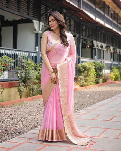 Soft Baby Pink Plain Chiffon Saree with Gold Zari Border, Geometric Embroidered Blouse & Tassel Detailing CHIFFON