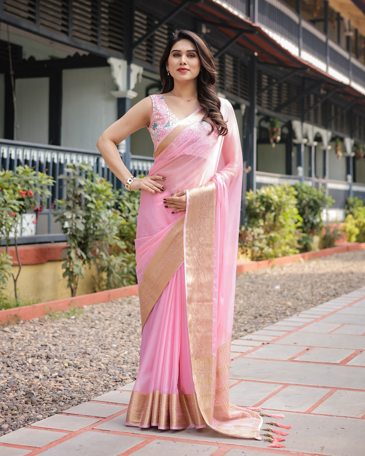Soft Baby Pink Plain Chiffon Saree with Gold Zari Border, Geometric Embroidered Blouse & Tassel Detailing CHIFFON Main image