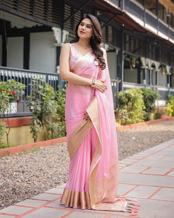 Soft Baby Pink Plain Chiffon Saree with Gold Zari Border, Geometric Embroidered Blouse & Tassel Detailing CHIFFON