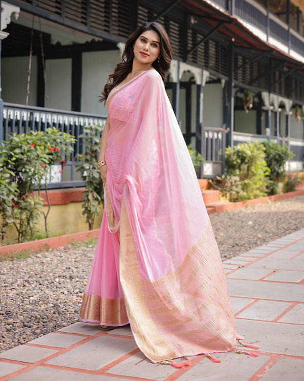 Soft Baby Pink Plain Chiffon Saree with Gold Zari Border, Geometric Embroidered Blouse & Tassel Detailing CHIFFON