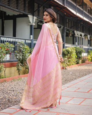 Soft Baby Pink Plain Chiffon Saree with Gold Zari Border, Geometric Embroidered Blouse & Tassel Detailing CHIFFON