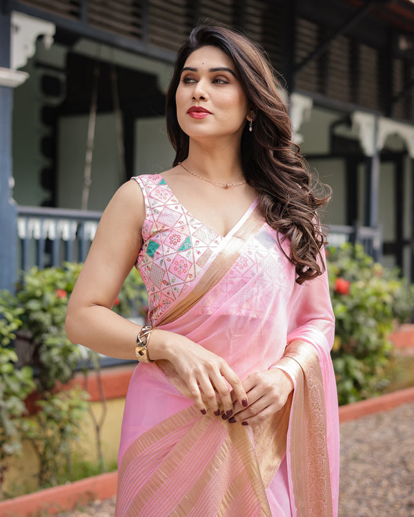 Soft Baby Pink Plain Chiffon Saree with Gold Zari Border, Geometric Embroidered Blouse & Tassel Detailing CHIFFON