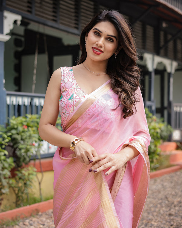 Soft Baby Pink Plain Chiffon Saree with Gold Zari Border, Geometric Embroidered Blouse & Tassel Detailing CHIFFON