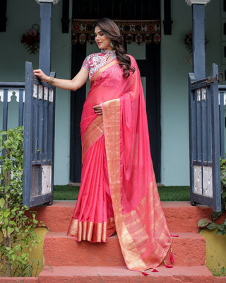 Raspberry Pink Plain Chiffon Saree with Gold Zari Border, High-Neck Floral Printed Blouse & Tassel Detailing CHIFFON