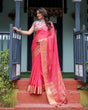 Load image into Gallery viewer, Raspberry Pink Plain Chiffon Saree with Gold Zari Border, High-Neck Floral Printed Blouse &amp; Tassel Detailing CHIFFON