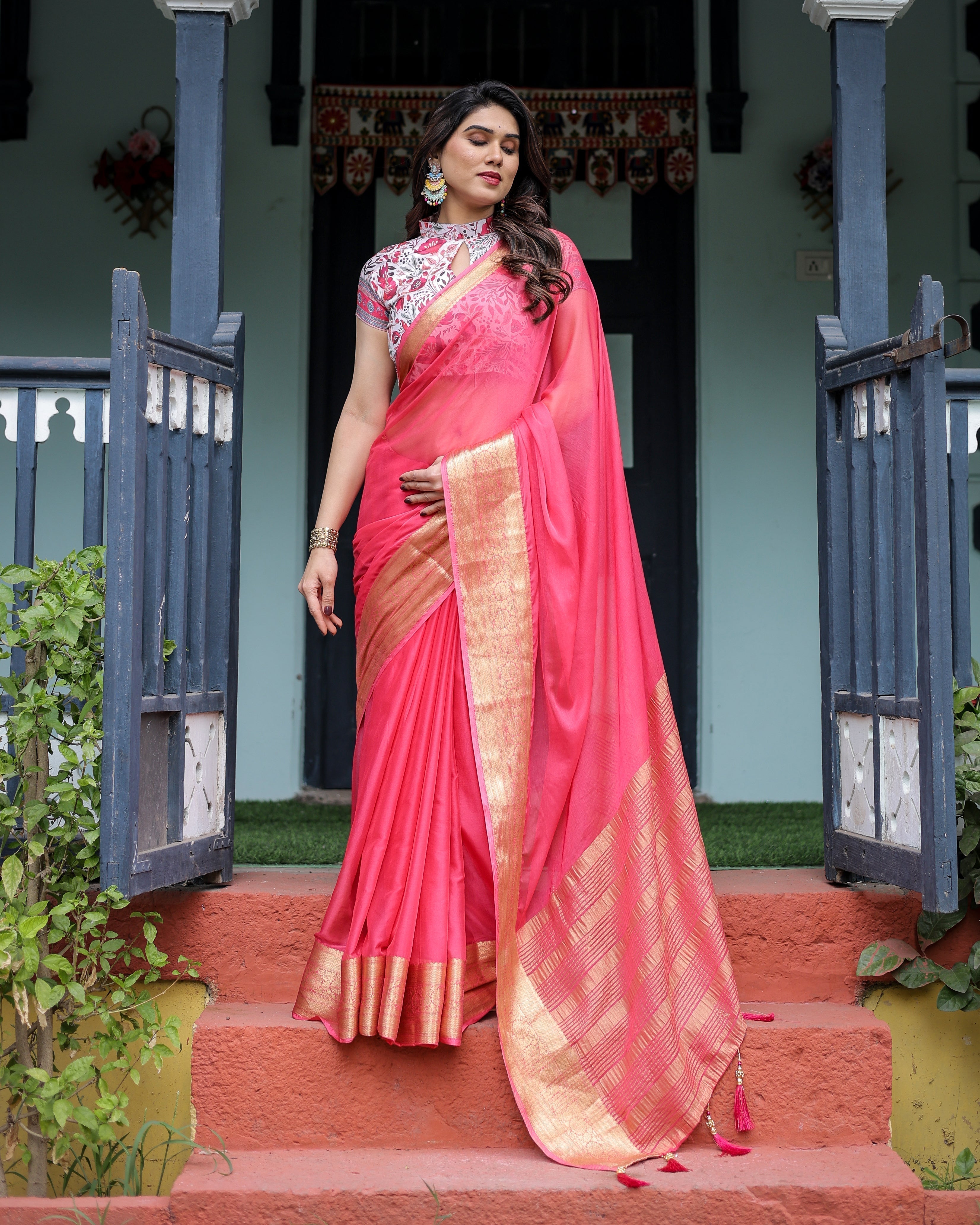 Raspberry Pink Plain Chiffon Saree with Gold Zari Border, High-Neck Floral Printed Blouse & Tassel Detailing Secondary image