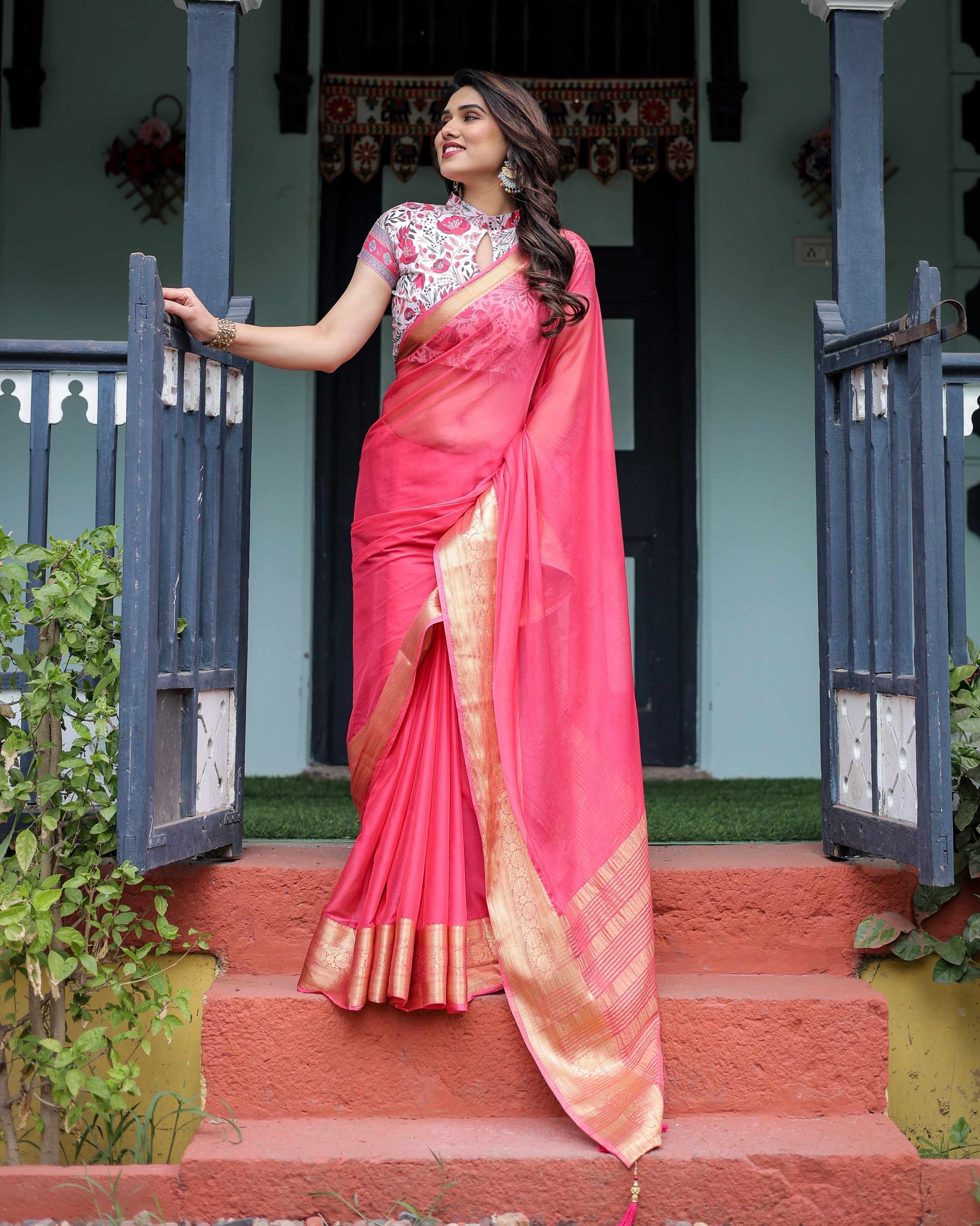 Raspberry Pink Plain Chiffon Saree with Gold Zari Border, High-Neck Floral Printed Blouse & Tassel Detailing CHIFFON Main image