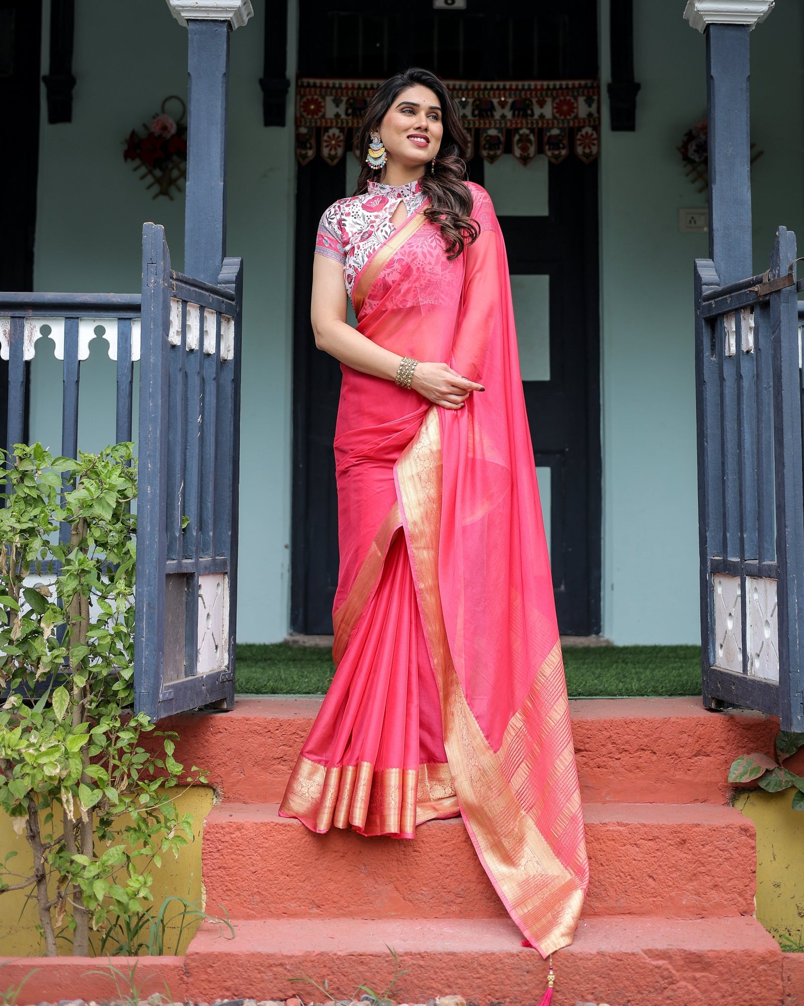 Raspberry Pink Plain Chiffon Saree with Gold Zari Border, High-Neck Floral Printed Blouse & Tassel Detailing CHIFFON