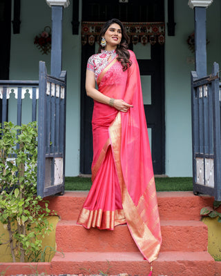 Raspberry Pink Plain Chiffon Saree with Gold Zari Border, High-Neck Floral Printed Blouse & Tassel Detailing CHIFFON
