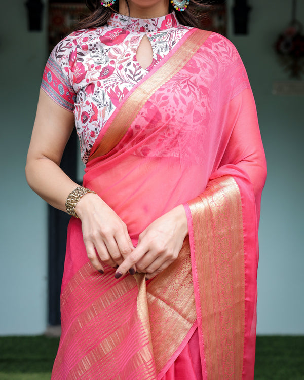 Raspberry Pink Plain Chiffon Saree with Gold Zari Border, High-Neck Floral Printed Blouse & Tassel Detailing CHIFFON