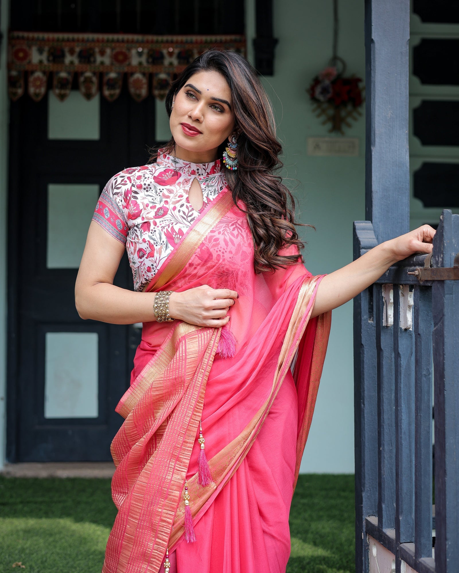 Raspberry Pink Plain Chiffon Saree with Gold Zari Border, High-Neck Floral Printed Blouse & Tassel Detailing CHIFFON