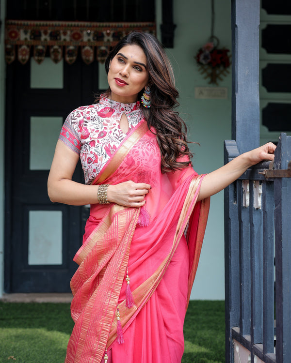 Raspberry Pink Plain Chiffon Saree with Gold Zari Border, High-Neck Floral Printed Blouse & Tassel Detailing CHIFFON