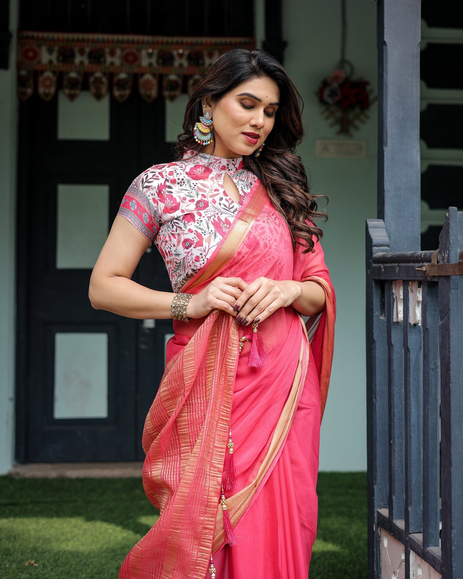 Raspberry Pink Plain Chiffon Saree with Gold Zari Border, High-Neck Floral Printed Blouse & Tassel Detailing CHIFFON