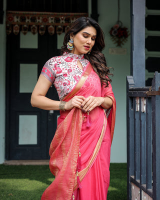 Raspberry Pink Plain Chiffon Saree with Gold Zari Border, High-Neck Floral Printed Blouse & Tassel Detailing CHIFFON
