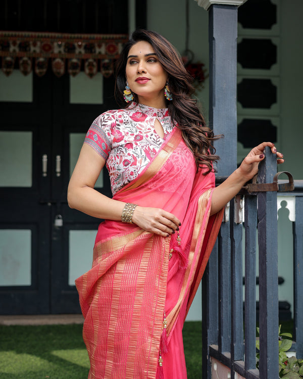 Raspberry Pink Plain Chiffon Saree with Gold Zari Border, High-Neck Floral Printed Blouse & Tassel Detailing CHIFFON