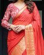Load image into Gallery viewer, Fiery Red Plain Chiffon Saree with Gold Zari Border, Full-Sleeve Floral Blouse &amp; Tassel Detailing CHIFFON