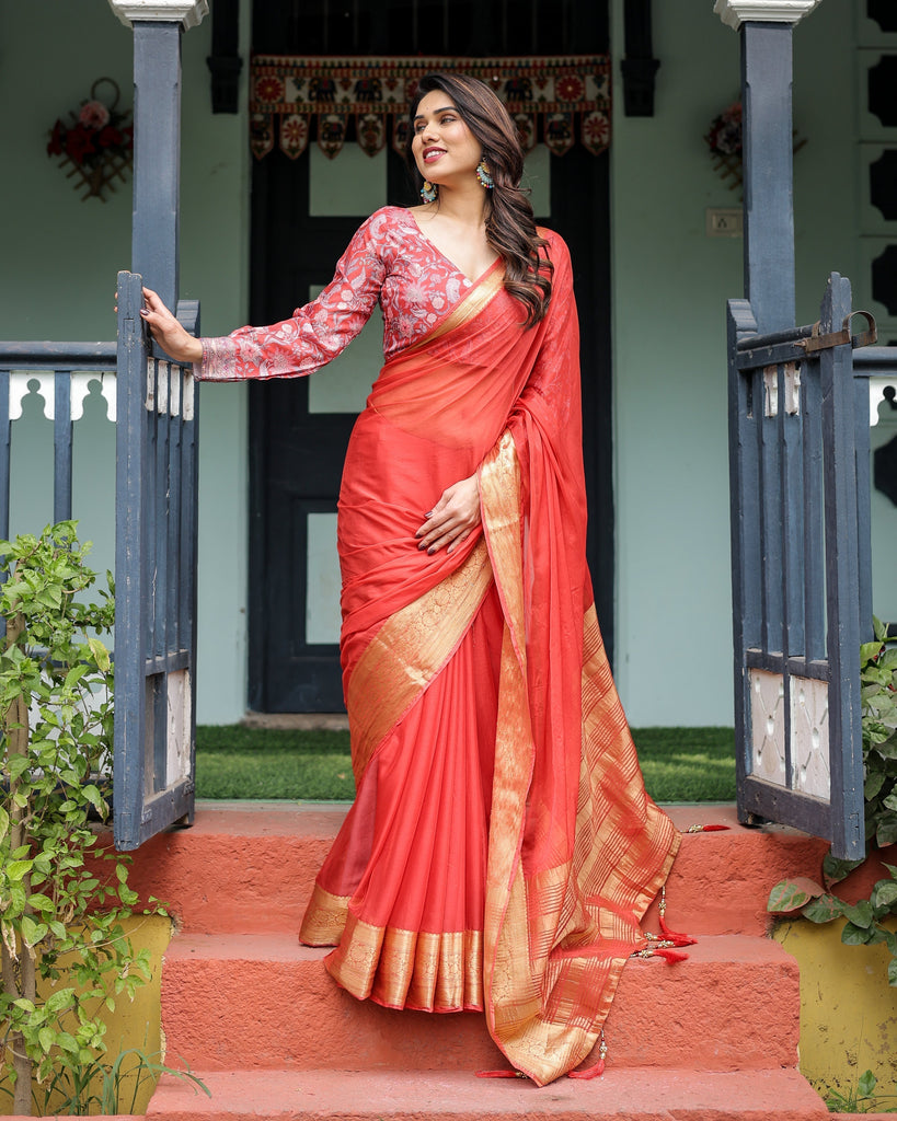 Fiery Red Plain Chiffon Saree with Gold Zari Border, Full-Sleeve Floral Blouse & Tassel Detailing CHIFFON