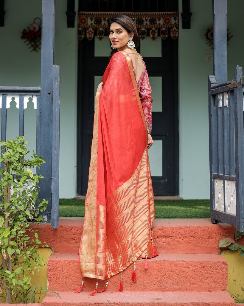 Fiery Red Plain Chiffon Saree with Gold Zari Border, Full-Sleeve Floral Blouse & Tassel Detailing CHIFFON