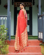 Load image into Gallery viewer, Fiery Red Plain Chiffon Saree with Gold Zari Border, Full-Sleeve Floral Blouse &amp; Tassel Detailing CHIFFON