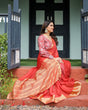 Load image into Gallery viewer, Fiery Red Plain Chiffon Saree with Gold Zari Border, Full-Sleeve Floral Blouse &amp; Tassel Detailing CHIFFON