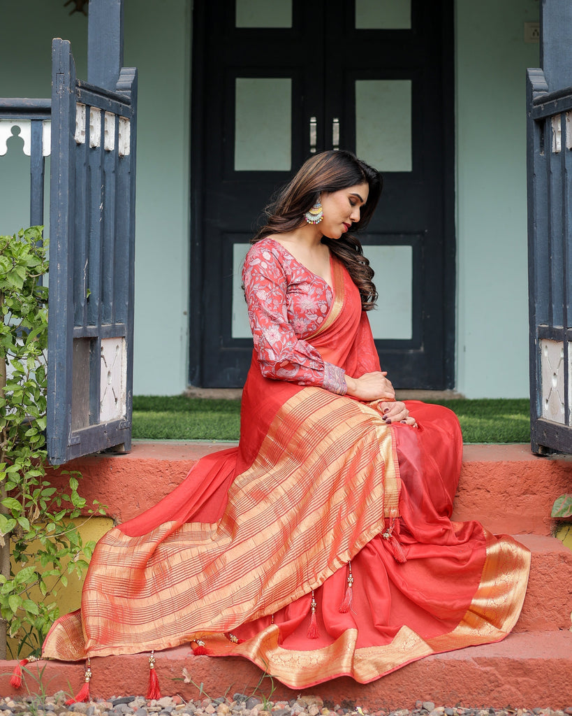 Fiery Red Plain Chiffon Saree with Gold Zari Border, Full-Sleeve Floral Blouse & Tassel Detailing CHIFFON