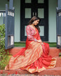 Load image into Gallery viewer, Fiery Red Plain Chiffon Saree with Gold Zari Border, Full-Sleeve Floral Blouse &amp; Tassel Detailing CHIFFON