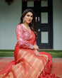 Load image into Gallery viewer, Fiery Red Plain Chiffon Saree with Gold Zari Border, Full-Sleeve Floral Blouse &amp; Tassel Detailing CHIFFON