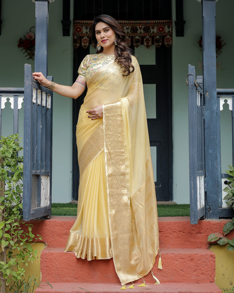 Sunshine Yellow Plain Chiffon Saree with Gold Zari Border and Floral Puff Sleeve Blouse CHIFFON