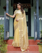 Load image into Gallery viewer, Sunshine Yellow Plain Chiffon Saree with Gold Zari Border and Floral Puff Sleeve Blouse CHIFFON