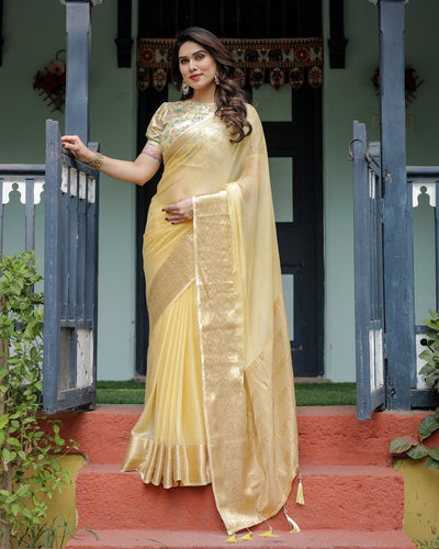 Sunshine Yellow Plain Chiffon Saree with Gold Zari Border and Floral Puff Sleeve Blouse CHIFFON