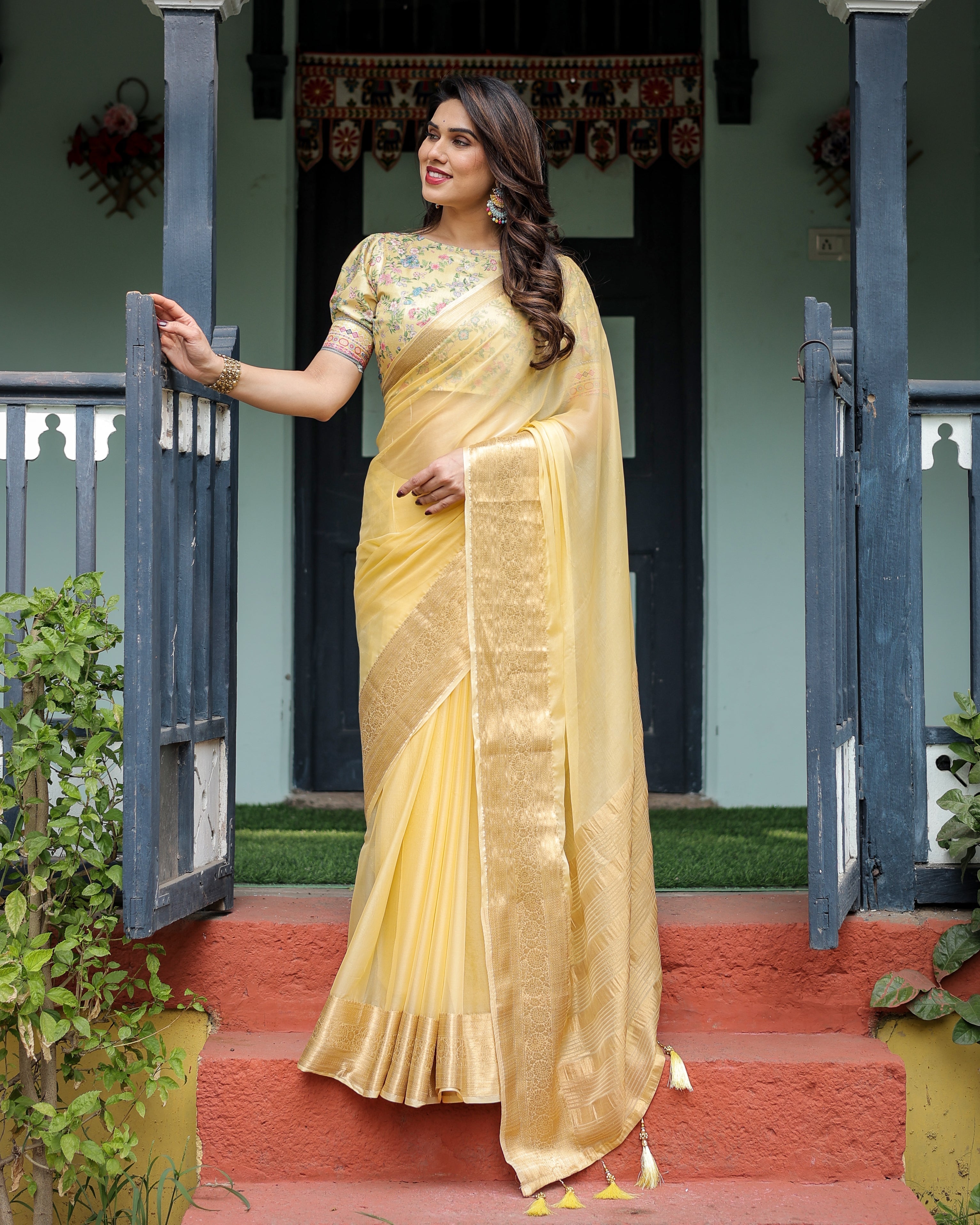 Sunshine Yellow Plain Chiffon Saree with Gold Zari Border and Floral Puff Sleeve Blouse CHIFFON