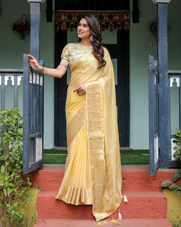 Sunshine Yellow Plain Chiffon Saree with Gold Zari Border and Floral Puff Sleeve Blouse CHIFFON