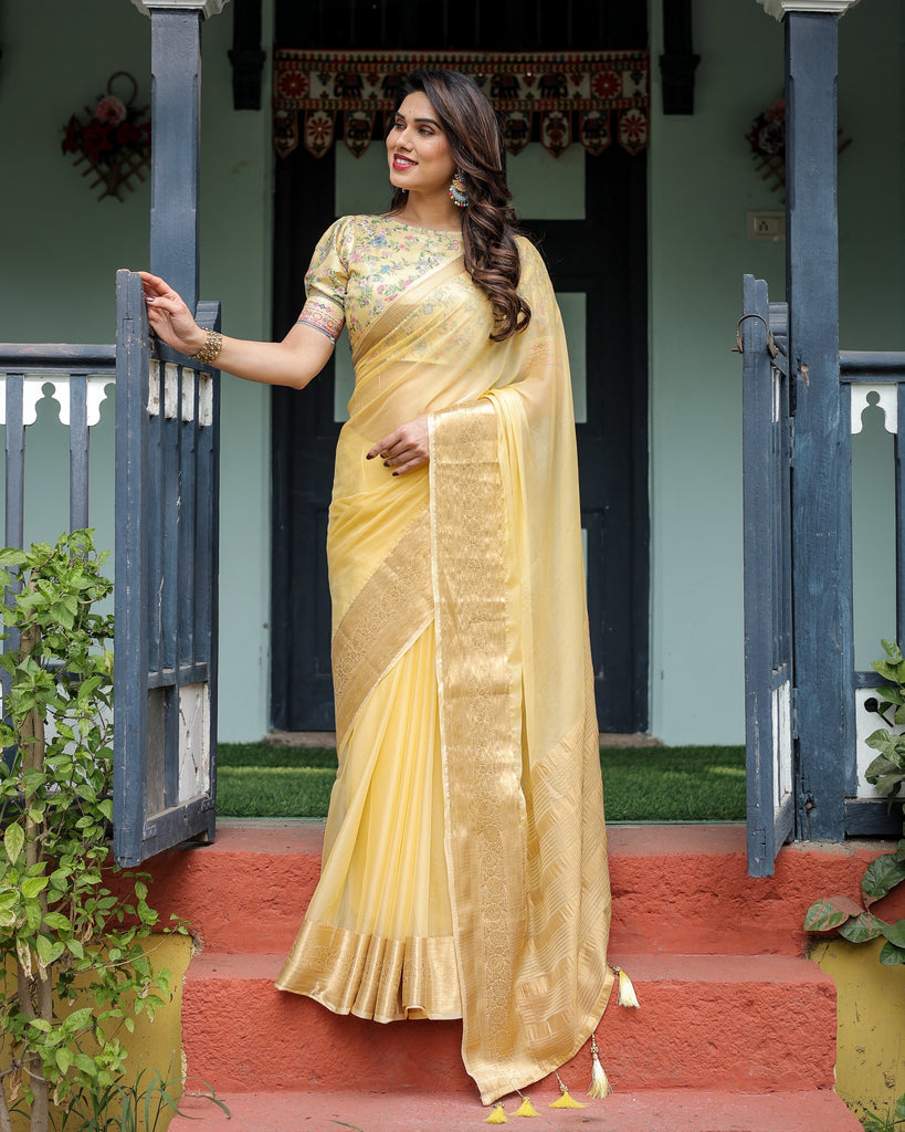Sunshine Yellow Plain Chiffon Saree with Gold Zari Border and Floral Puff Sleeve Blouse CHIFFON