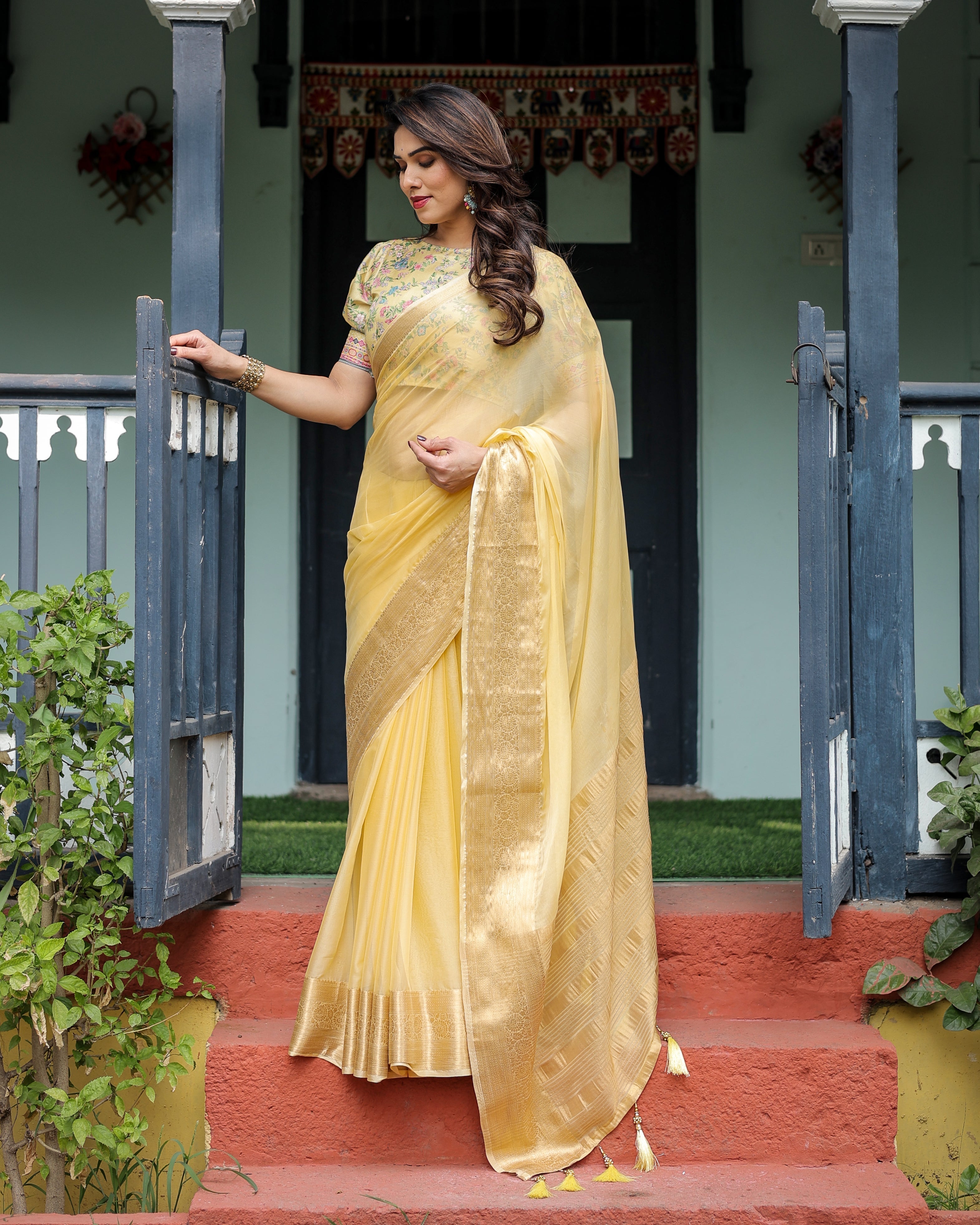 Sunshine Yellow Plain Chiffon Saree with Gold Zari Border and Floral Puff Sleeve Blouse CHIFFON