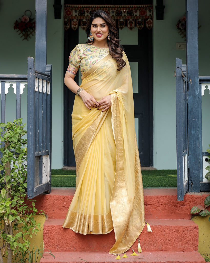 Sunshine Yellow Plain Chiffon Saree with Gold Zari Border and Floral Puff Sleeve Blouse CHIFFON