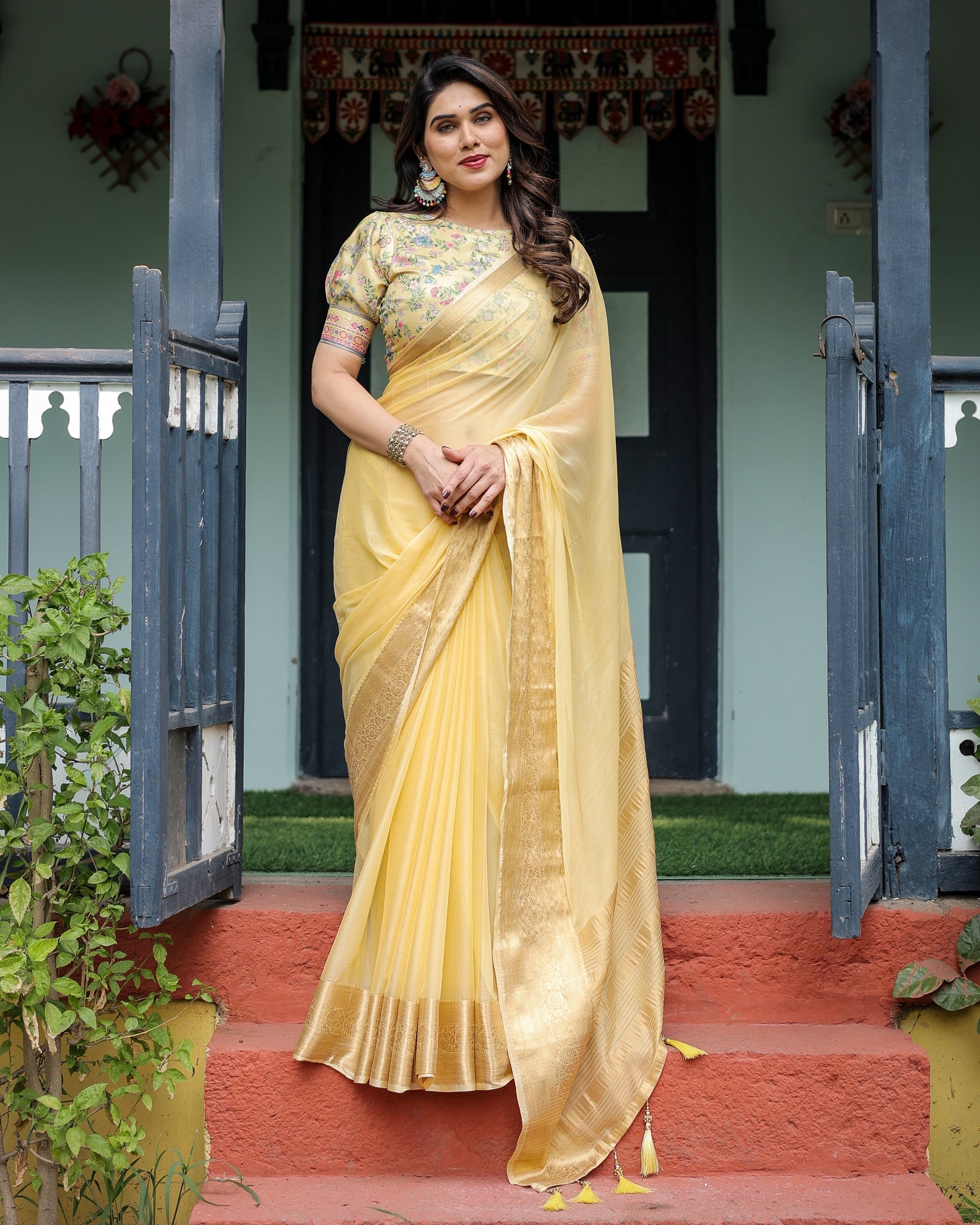 Sunshine Yellow Plain Chiffon Saree with Gold Zari Border and Floral Puff Sleeve Blouse CHIFFON