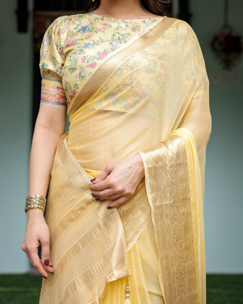 Sunshine Yellow Plain Chiffon Saree with Gold Zari Border and Floral Puff Sleeve Blouse CHIFFON