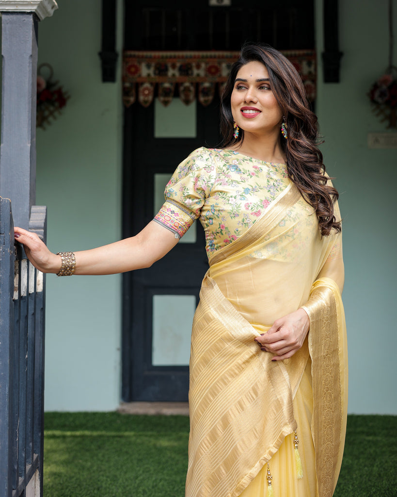 Sunshine Yellow Plain Chiffon Saree with Gold Zari Border and Floral Puff Sleeve Blouse CHIFFON