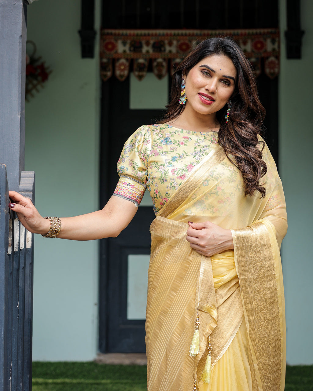 Sunshine Yellow Plain Chiffon Saree with Gold Zari Border and Floral Puff Sleeve Blouse CHIFFON