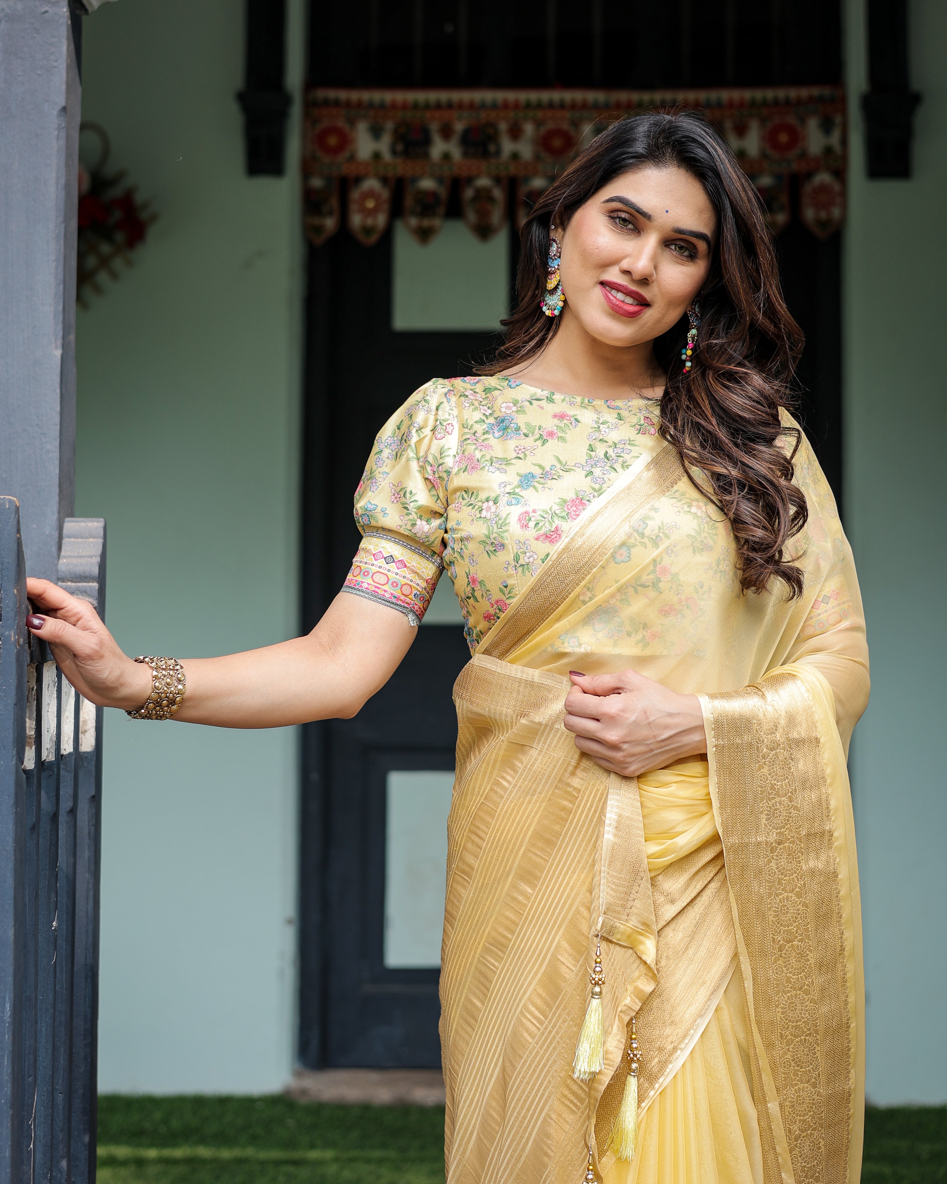 Sunshine Yellow Plain Chiffon Saree with Gold Zari Border and Floral Puff Sleeve Blouse CHIFFON