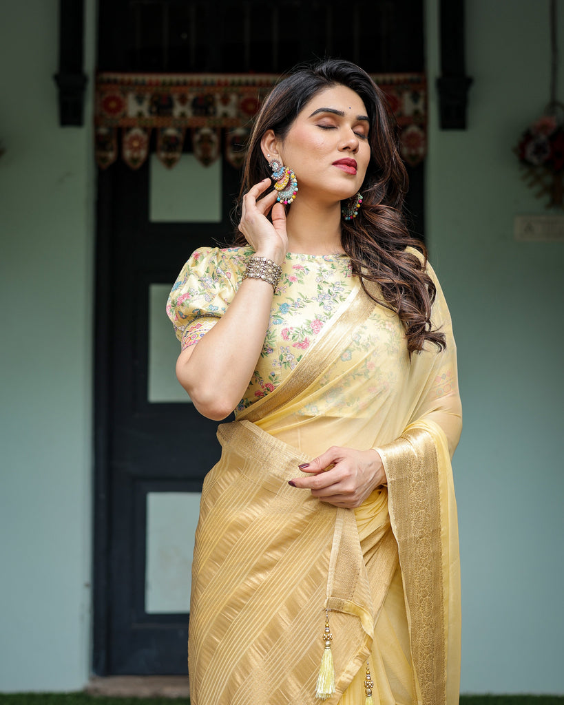Sunshine Yellow Plain Chiffon Saree with Gold Zari Border and Floral Puff Sleeve Blouse CHIFFON