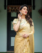 Load image into Gallery viewer, Sunshine Yellow Plain Chiffon Saree with Gold Zari Border and Floral Puff Sleeve Blouse CHIFFON