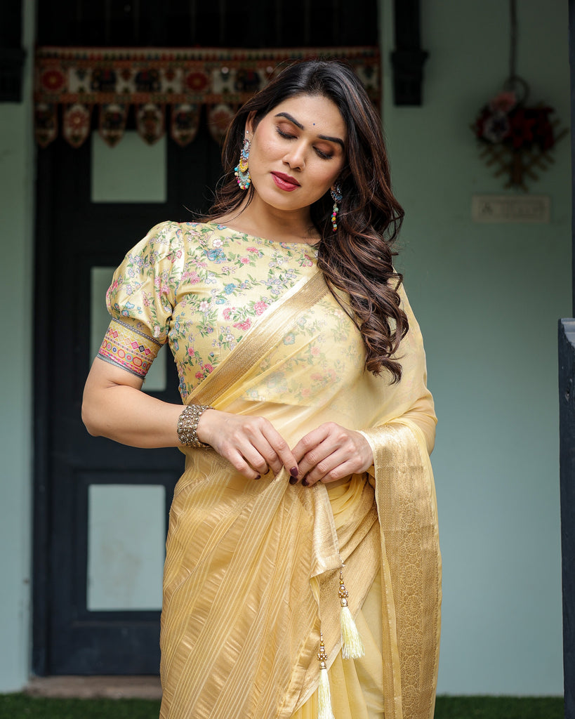 Sunshine Yellow Plain Chiffon Saree with Gold Zari Border and Floral Puff Sleeve Blouse CHIFFON
