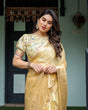 Load image into Gallery viewer, Sunshine Yellow Plain Chiffon Saree with Gold Zari Border and Floral Puff Sleeve Blouse CHIFFON